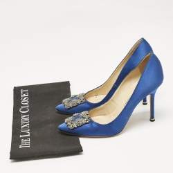 Pre Owned Manolo Blahnik Blue Satin Hangisi Pumps Size 38.5