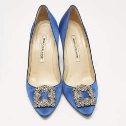 Pre Owned Manolo Blahnik Blue Satin Hangisi Pumps Size 38.5