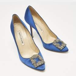 Pre Owned Manolo Blahnik Blue Satin Hangisi Pumps Size 38.5