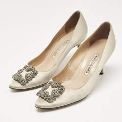 Pre Owned Manolo Blahnik Grey Satin Hangisi Crystal Embellished Pumps Size 39