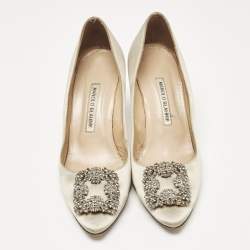 Pre Owned Manolo Blahnik Grey Satin Hangisi Crystal Embellished Pumps Size 39