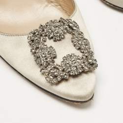 Pre Owned Manolo Blahnik Grey Satin Hangisi Crystal Embellished Pumps Size 39