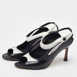 Manolo Blahnik Black/White Leather Brogue Slingback Sandals Size 38.5