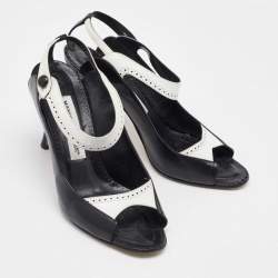 Manolo Blahnik Black/White Leather Brogue Slingback Sandals Size 38.5