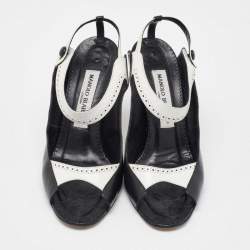 Manolo Blahnik Black/White Leather Brogue Slingback Sandals Size 38.5