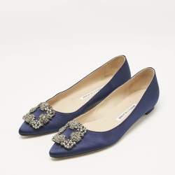 Manolo Blahnik Navy Blue Satin Hangisi Ballet Flats Size 38