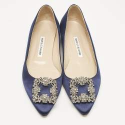 Manolo Blahnik Navy Blue Satin Hangisi Ballet Flats Size 38