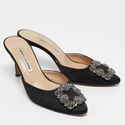 Manolo Blahnik Black Satin Hangisi Mules Size 37.5
