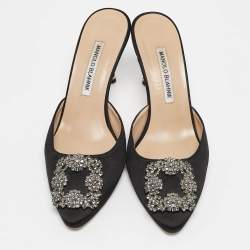 Manolo Blahnik Black Satin Hangisi Mules Size 37.5