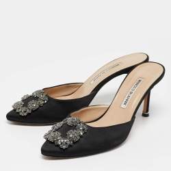 Manolo Blahnik Black Satin Hangisi Mules Size 37.5
