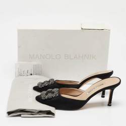 Manolo Blahnik Black Satin Hangisi Mules Size 37.5