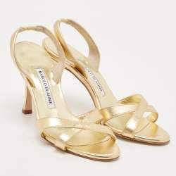 Pre Owned Manolo Blahnik Gold Leather Crisscross Ankle Strap Sandals Size 36.5