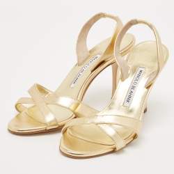 Pre Owned Manolo Blahnik Gold Leather Crisscross Ankle Strap Sandals Size 36.5