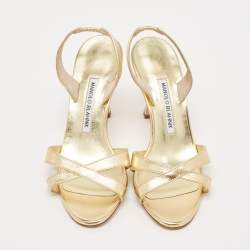 Pre Owned Manolo Blahnik Gold Leather Crisscross Ankle Strap Sandals Size 36.5