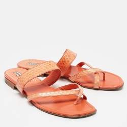 Manolo Blahnik Orange Python Leather Susa Flat Sandals Size 38