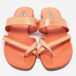 Manolo Blahnik Orange Python Leather Susa Flat Sandals Size 38