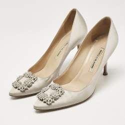 Pre Owned Manolo Blahnik Grey Satin Hangisi Crystal Embellished Pumps Size 39