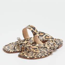 Manolo Blahnik Brown Leopard Pint Python Leather Thong Flat Slides Size 38