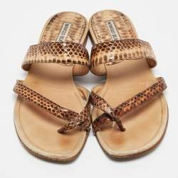 Manolo Blahnik Brown Python Leather Susa Flat Sandals Size 38