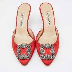 Manolo Blahnik Red Satin Jewel Buckle Hangisi Mules Size 37.5