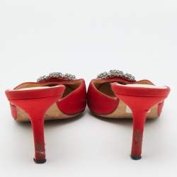 Manolo Blahnik Red Satin Jewel Buckle Hangisi Mules Size 37.5