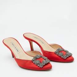 Manolo Blahnik Red Satin Jewel Buckle Hangisi Mules Size 37.5