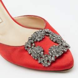 Manolo Blahnik Red Satin Jewel Buckle Hangisi Mules Size 37.5