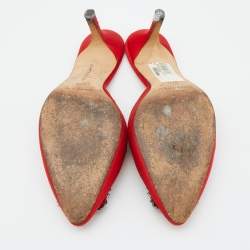 Manolo Blahnik Red Satin Jewel Buckle Hangisi Mules Size 37.5
