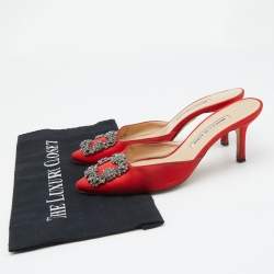 Manolo Blahnik Red Satin Jewel Buckle Hangisi Mules Size 37.5
