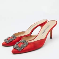 Manolo Blahnik Red Satin Jewel Buckle Hangisi Mules Size 37.5