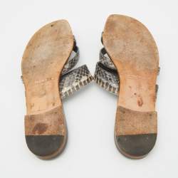 Manolo Blahnik Grey/Black Snakeskin Leather Susa Flat Sandals Size 38