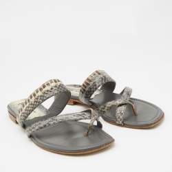 Manolo Blahnik Grey/Black Snakeskin Leather Susa Flat Sandals Size 38