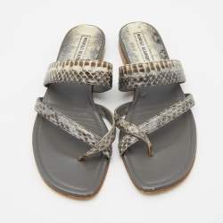 Manolo Blahnik Grey/Black Snakeskin Leather Susa Flat Sandals Size 38