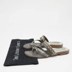 Manolo Blahnik Grey/Black Snakeskin Leather Susa Flat Sandals Size 38