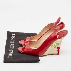 Manolo Blahnik Red Leather Wedge Slingback Sandals Size 37.5