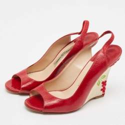 Manolo Blahnik Red Leather Wedge Slingback Sandals Size 37.5