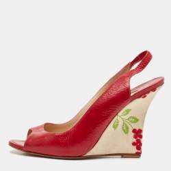 Manolo Blahnik Red Leather Wedge Slingback Sandals Size 37.5