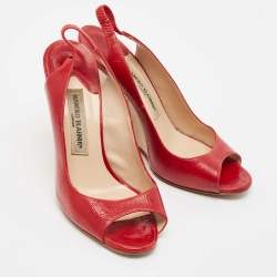 Manolo Blahnik Red Leather Wedge Slingback Sandals Size 37.5
