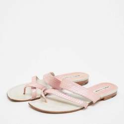 Manolo Blahnik Pink Python Leather Susa Flat Slides Size 38