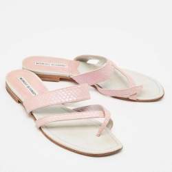 Manolo Blahnik Pink Python Leather Susa Flat Slides Size 38
