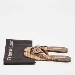 Manolo Blahnik Brown Canvas and Leather Thong Flats Size 36.5