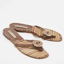 Manolo Blahnik Brown Canvas and Leather Thong Flats Size 36.5
