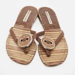 Manolo Blahnik Brown Canvas and Leather Thong Flats Size 36.5