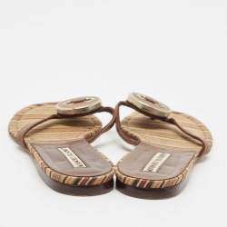 Manolo Blahnik Brown Canvas and Leather Thong Flats Size 36.5