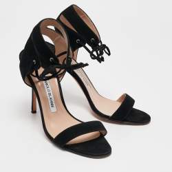 Manolo Blahnik Black Suede Laramod Ankle Strap Sandals Size 37
