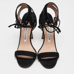 Manolo Blahnik Black Suede Laramod Ankle Strap Sandals Size 37