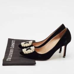 Pre Owned Manolo Blahnik Black Velvet Hangisi Crystal Embellished Pumps Size 38