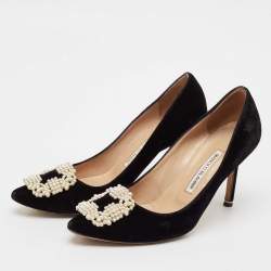 Pre Owned Manolo Blahnik Black Velvet Hangisi Crystal Embellished Pumps Size 38