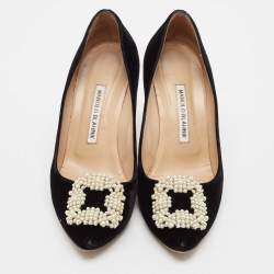 Pre Owned Manolo Blahnik Black Velvet Hangisi Crystal Embellished Pumps Size 38