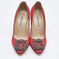 Pre Owned Manolo Blahnik Red Satin Hangisi Pumps Size 36
